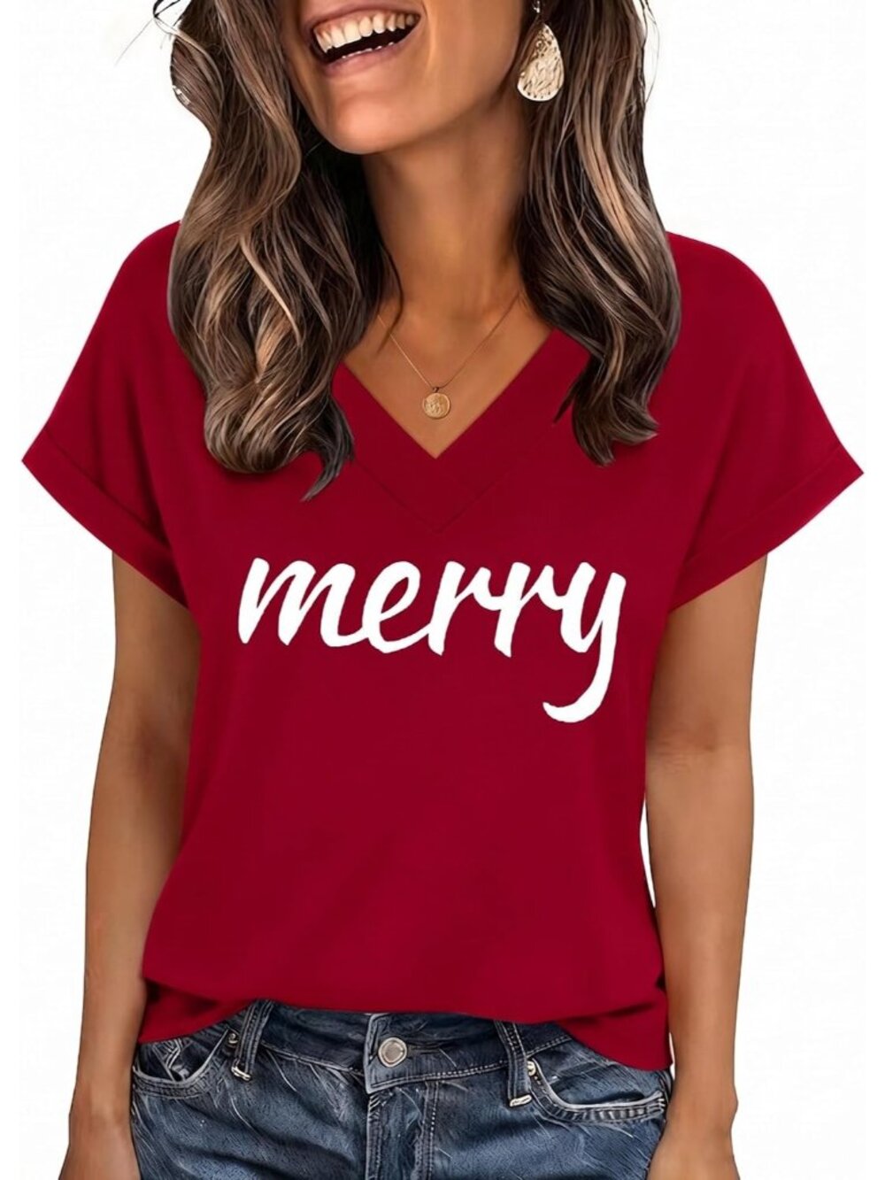 Women's Merry Red Short Sleeve V Neck Basic Tees Shirts Casual Tops Blouses